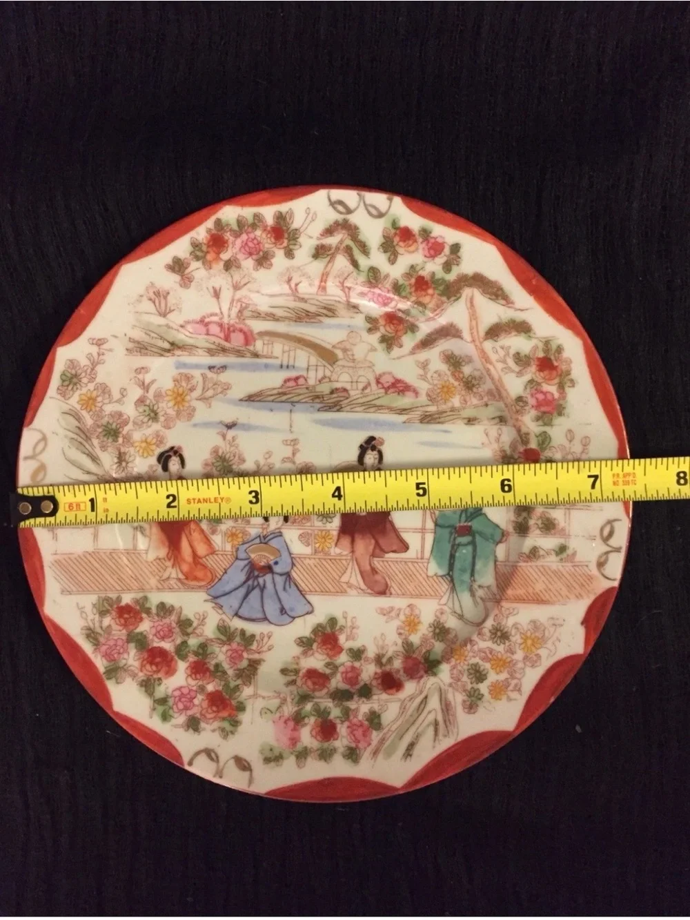 Vintage Decorative Plate with Geisha Scene in Red, Blue, Green
